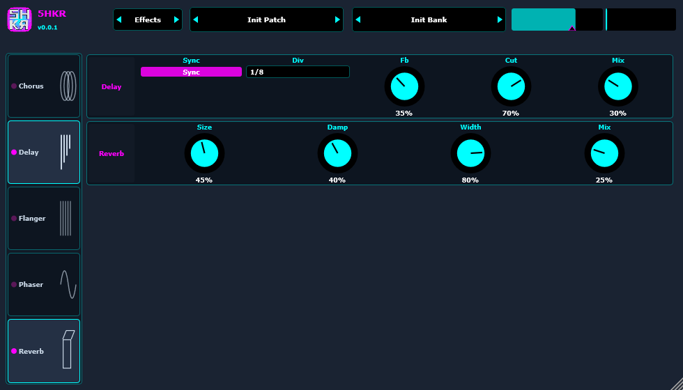 5HKR effects page with delay and reverb
