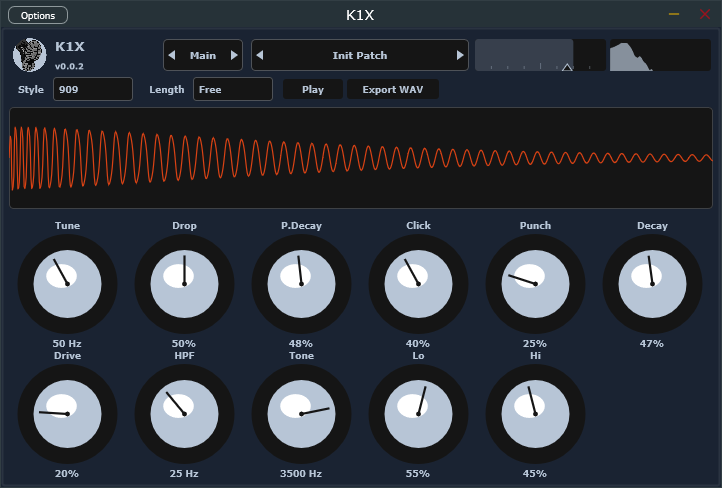 K1X Main: waveform, Style, Length, and kick knobs