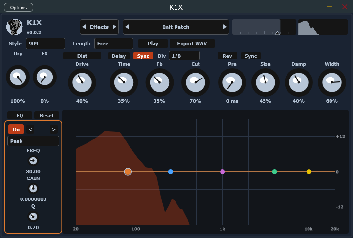 K1X Effects: Dry/FX send, delay sync, reverb predelay, post EQ
